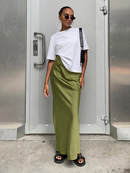 Solid Satin Bias Cut Maxi Skirt Maxi Skirts - Chuzko Women Clothing