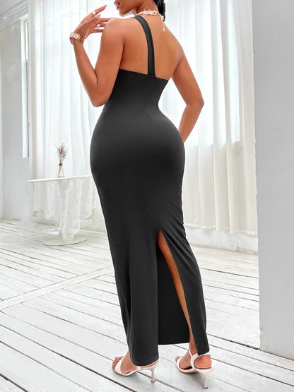 Solid Evening Bodycon One Shoulder Cutout Maxi Dress Party Dresses - Chuzko Women Clothing