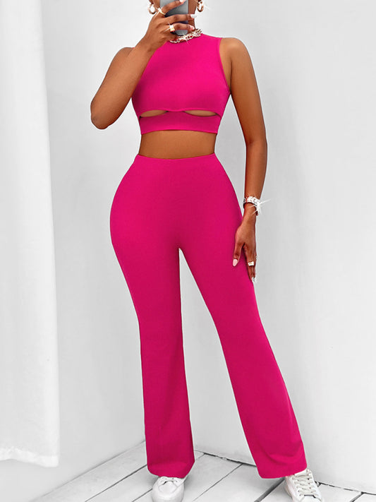 Solid Fitted Outfit Straight-Leg Pants and Cutout Tank Top Pants Set - Chuzko Women Clothing