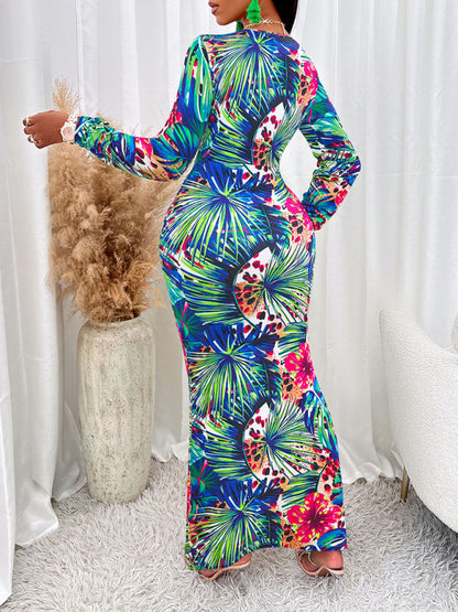 Cocktail Floral Long Sleeve Bodycon Slit Maxi Dress Bodycon Dresses - Chuzko Women Clothing