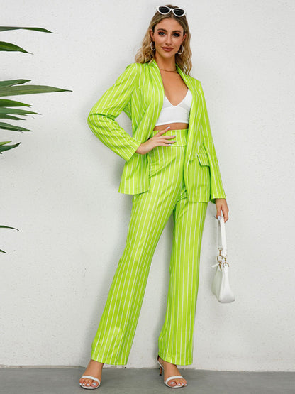 Business Attire Suit Stripe Pants and Shawl Lapel Blazer Business Suit - Chuzko Women Clothing