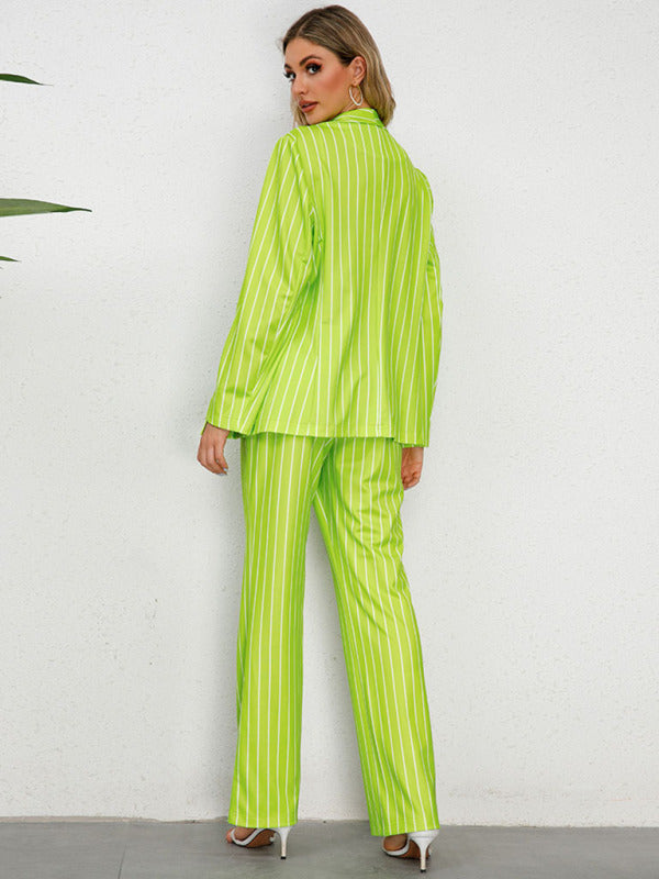 Business Attire Suit Stripe Pants and Shawl Lapel Blazer Business Suit - Chuzko Women Clothing