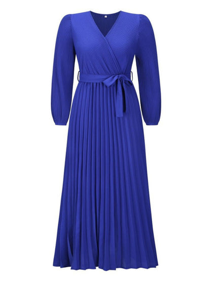 Elegant Long Sleeve Surplice Neck Pleated Belt-Tie Maxi Dress Maxi Dresses - Chuzko Women Clothing