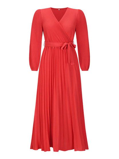 Elegant Long Sleeve Surplice Neck Pleated Belt-Tie Maxi Dress Maxi Dresses - Chuzko Women Clothing