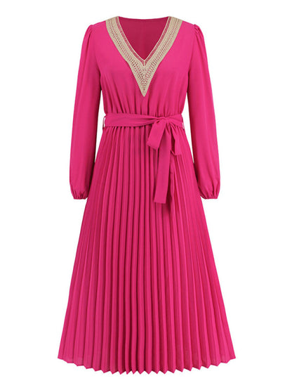 Cocktail Lace V-Neck Plisse Autumn Belt-Tie Midi Dress Midi Dresses - Chuzko Women Clothing