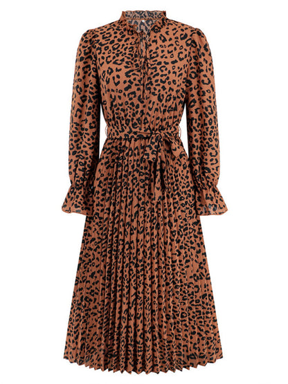 Autumn Leopard Plisse Belt-Tie Midi Dress Cocktail Dresses - Chuzko Women Clothing