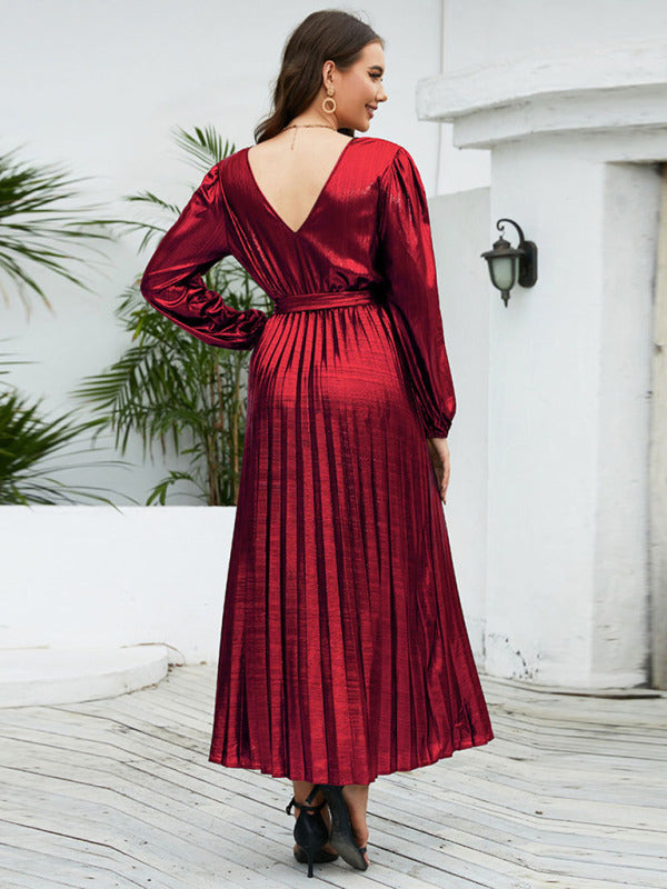 Elegant Autumn Glossy Satin Surplice V-Neck Pleated Belted Midi Dress Elegant Dresses - Chuzko Women Clothing