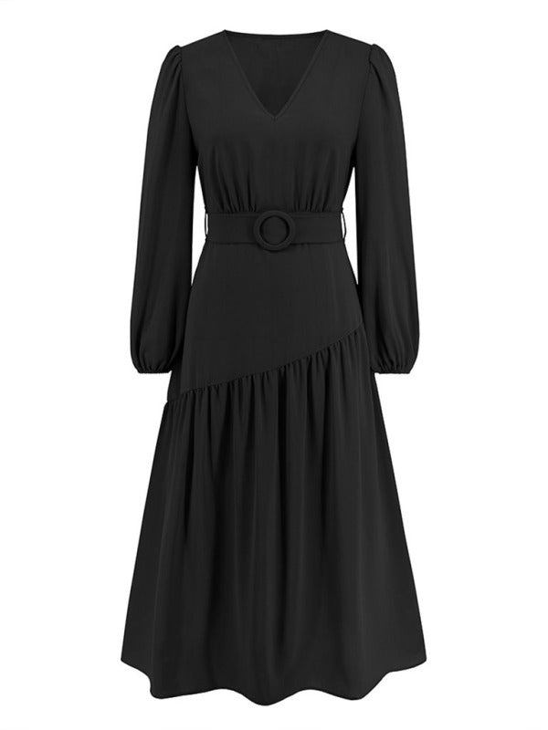 Solid Fall Asymmetric Seam Belted Midi Dress Midi Dresses - Chuzko Women Clothing