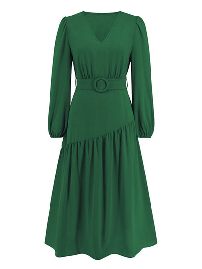 Solid Fall Asymmetric Seam Belted Midi Dress Midi Dresses - Chuzko Women Clothing