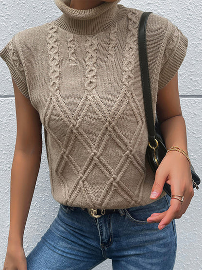 Cable Knit Turtleneck Vest Sweater Knit Vest - Chuzko Women Clothing