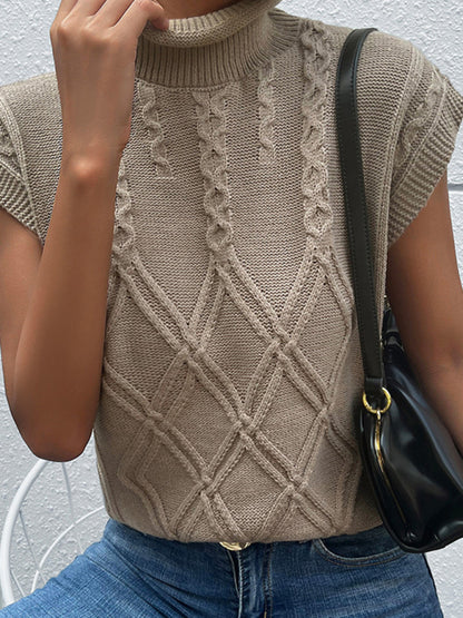 Cable Knit Turtleneck Vest Sweater Knit Vest - Chuzko Women Clothing