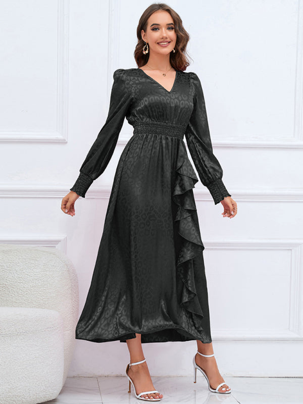 Glossy Fall Jacquard Leopard Smocked Waist Open Back Long Dress Glossy Dresses - Chuzko Women Clothing