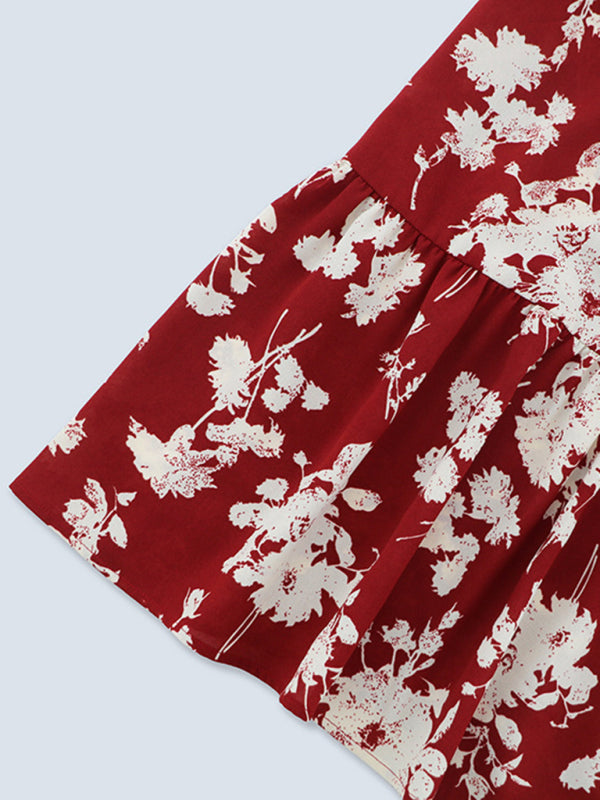 Boho Floral Long Sleeve Surplice V-Neck Belt-Tie Midi Dress Midi Dresses - Chuzko Women Clothing