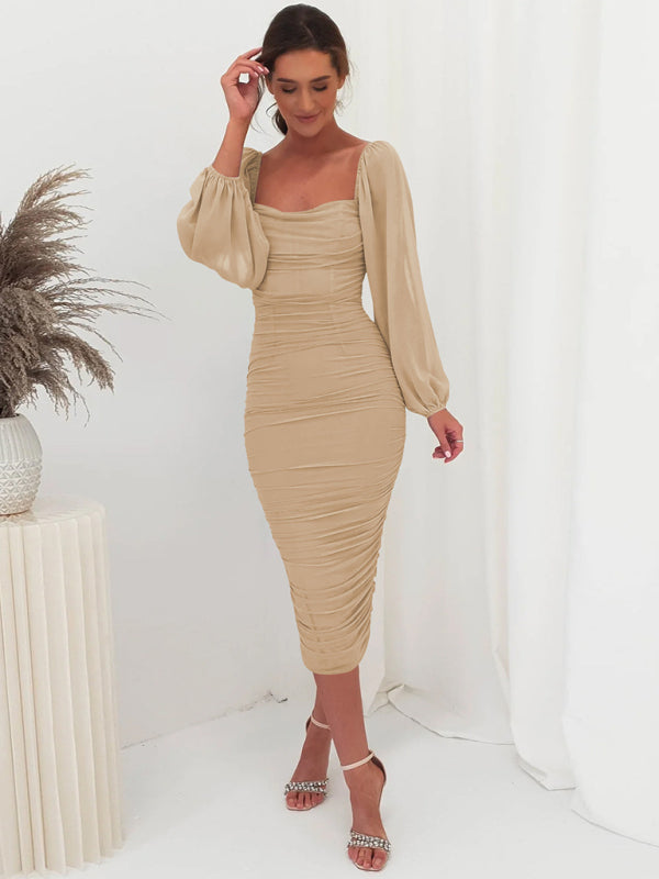 Wedding Guest Ruched Bodycon Lantern Sleeve Dress Elegant Dresses - Chuzko Women Clothing