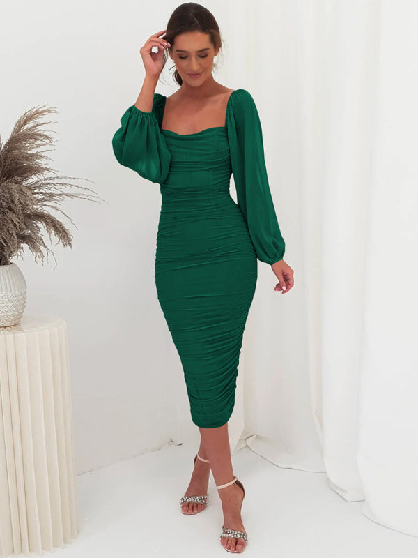 Wedding Guest Ruched Bodycon Lantern Sleeve Dress Elegant Dresses - Chuzko Women Clothing