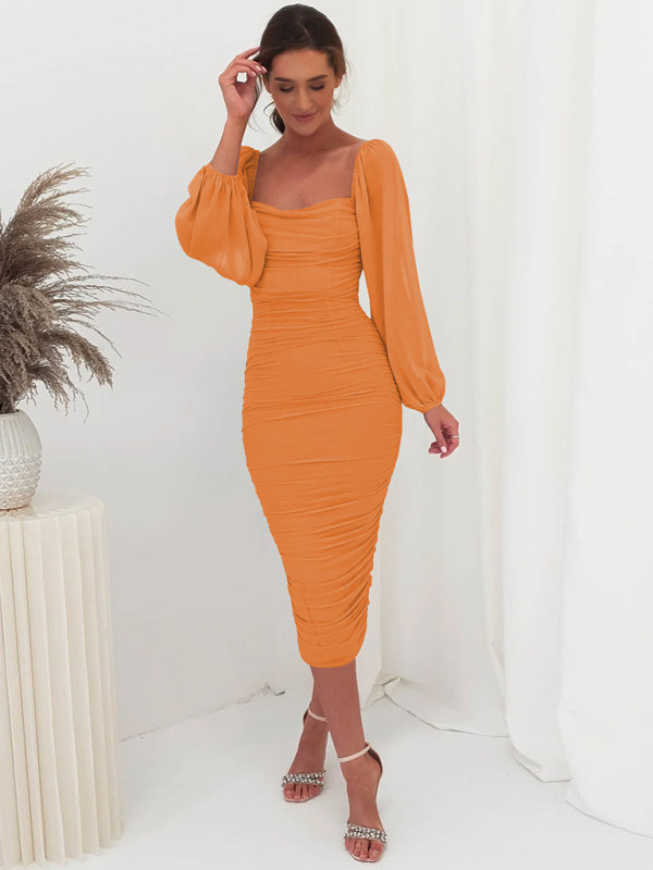 Wedding Guest Ruched Bodycon Lantern Sleeve Dress Elegant Dresses - Chuzko Women Clothing