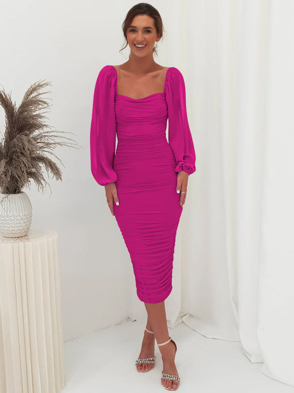 Wedding Guest Ruched Bodycon Lantern Sleeve Dress Elegant Dresses - Chuzko Women Clothing