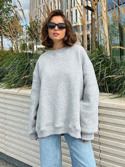 Winter Lounge Oversized Sweatshirt - Drop Shoulder Fleece Slouchy Pullover Sweatshirts - Chuzko Women Clothing
