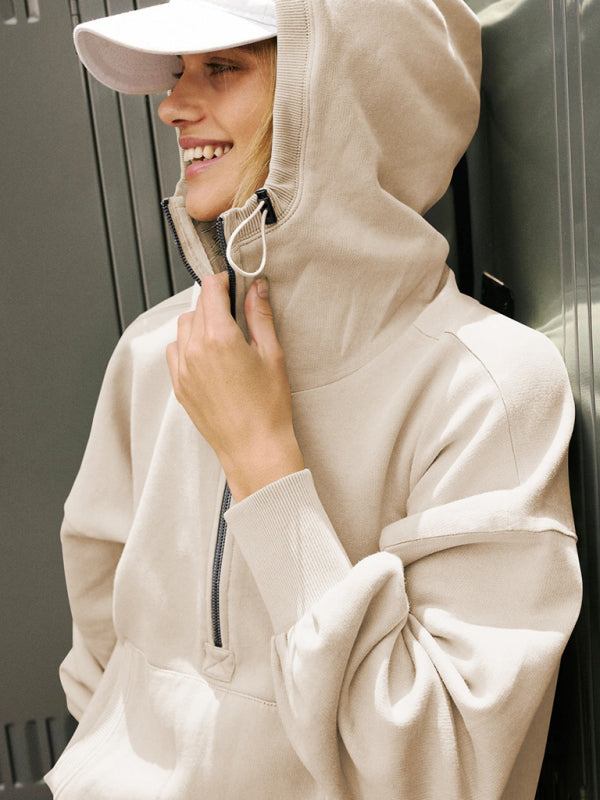 Sporty Athletic Hooded Zip-Up Kangaroo Pocket Sweatshirt Hoodies - Chuzko Women Clothing
