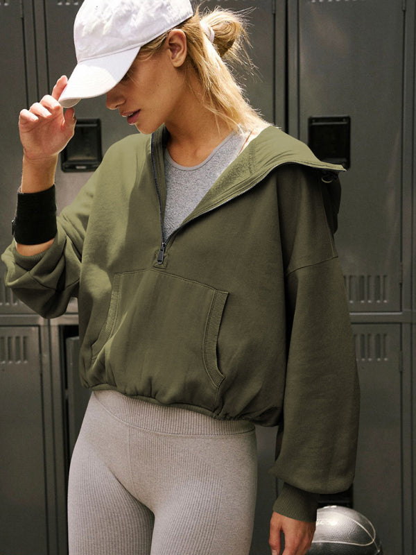 Sporty Athletic Hooded Zip-Up Kangaroo Pocket Sweatshirt Hoodies - Chuzko Women Clothing