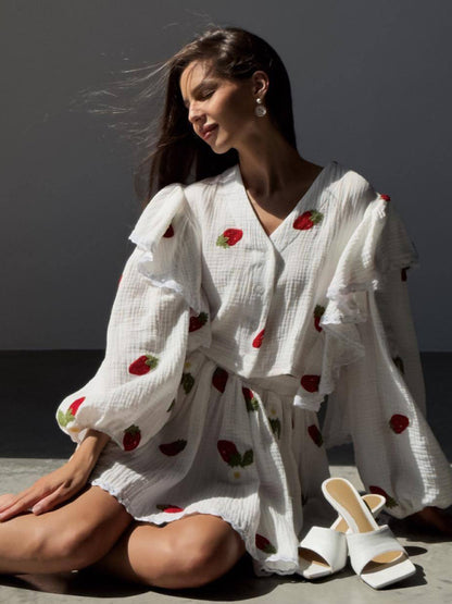 Cotton-Linen Strawberry Flowy Mini Skirt and Balloon Sleeve Blouse Skirt Set - Chuzko Women Clothing