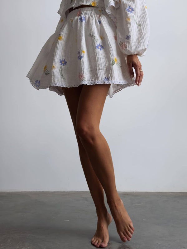 Cotton-Linen Strawberry Flowy Mini Skirt and Balloon Sleeve Blouse Skirt Set - Chuzko Women Clothing