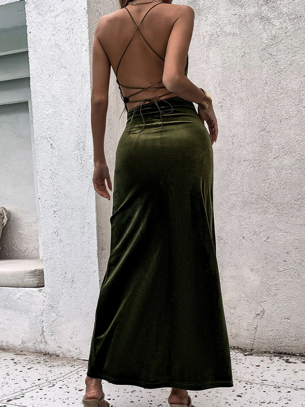 Velvet Backless Evening Wedding Guest Slit Dress Evening Dresses - Chuzko Women Clothing