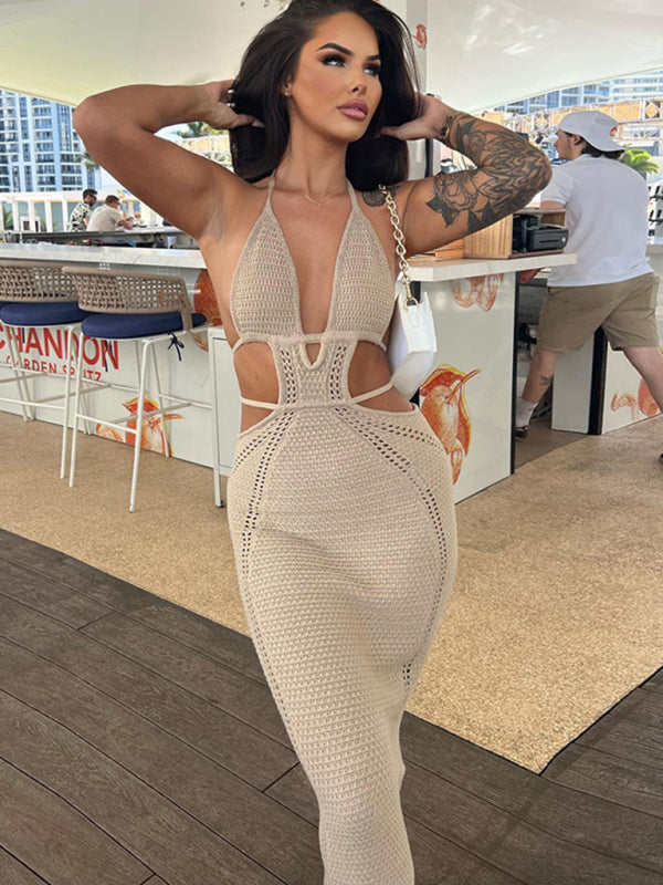 Summer Openwork Knit Backless Bodycon Halter Cutout Maxi Dress Knit Dresses - Chuzko Women Clothing