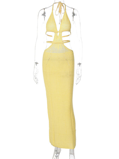 Summer Openwork Knit Backless Bodycon Halter Cutout Maxi Dress Knit Dresses - Chuzko Women Clothing