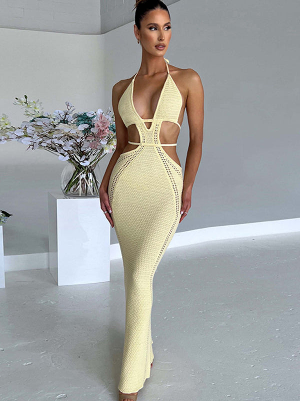 Summer Openwork Knit Backless Bodycon Halter Cutout Maxi Dress Knit Dresses - Chuzko Women Clothing