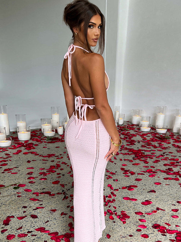 Summer Openwork Knit Backless Bodycon Halter Cutout Maxi Dress Knit Dresses - Chuzko Women Clothing