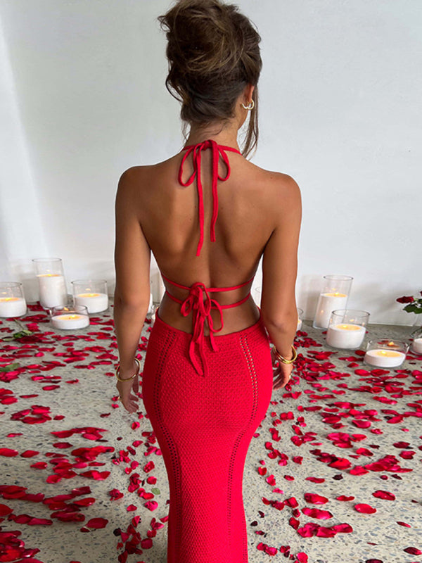 Summer Openwork Knit Backless Bodycon Halter Cutout Maxi Dress Knit Dresses - Chuzko Women Clothing