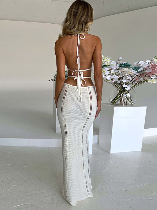 Summer Openwork Knit Backless Bodycon Halter Cutout Maxi Dress Knit Dresses - Chuzko Women Clothing