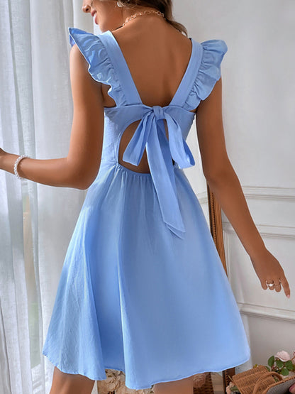 Solid Cotton Bowknot Back A-Line Frill Square Neck Dress Romantic Dresses - Chuzko Women Clothing