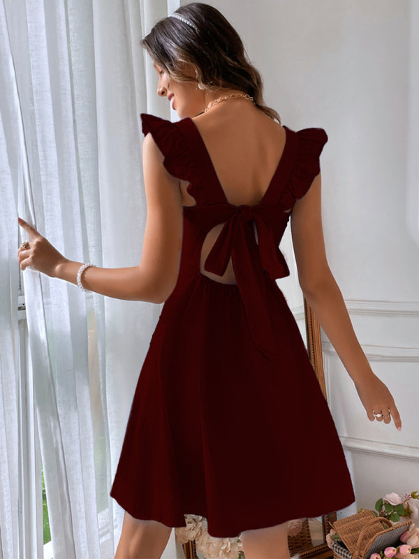 Solid Cotton Bowknot Back A-Line Frill Square Neck Dress Romantic Dresses - Chuzko Women Clothing