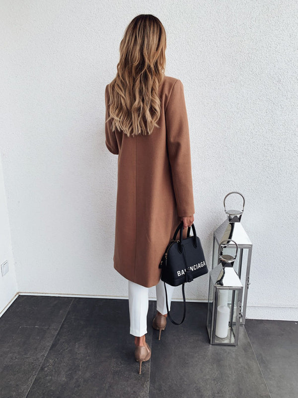 Solid Woolen Blend Notch Lapel Pea Coat - Elegant Trench Coat Coats - Chuzko Women Clothing