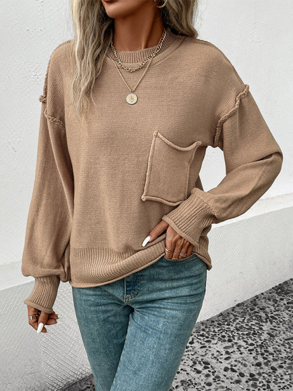 Solid Knit Exposed Seam Patched Lantern Sleeve Sweater Jumper Sweaters - Chuzko Women Clothing