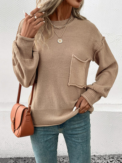 Solid Knit Exposed Seam Patched Lantern Sleeve Sweater Jumper Sweaters - Chuzko Women Clothing
