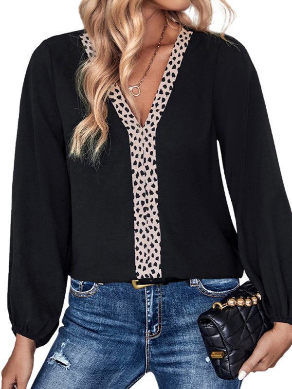 Leopard Print Color Block V-Neck Blouse with Bishop Sleeves Blouses - Chuzko Women Clothing