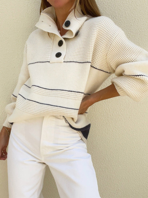 Stripe Waffle Knit Fancy Button-Up Funnel Neck Sweater Sweaters - Chuzko Women Clothing