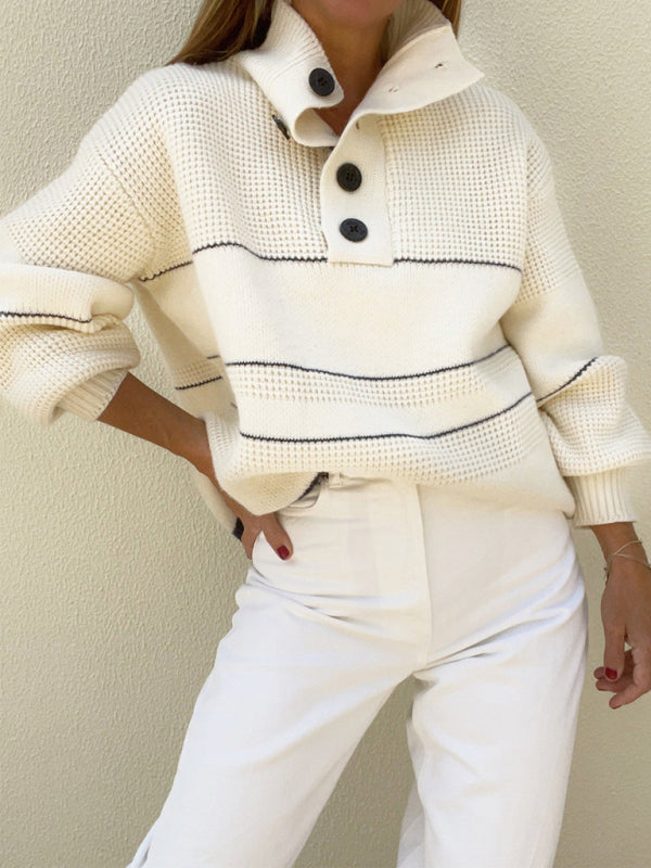Stripe Waffle Knit Fancy Button-Up Funnel Neck Sweater Sweaters - Chuzko Women Clothing