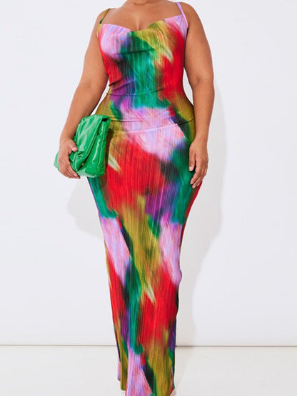 Abstract Garden Cowl Neck Plisse Sheath Cami Maxi Dress Maxi Dresses - Chuzko Women Clothing