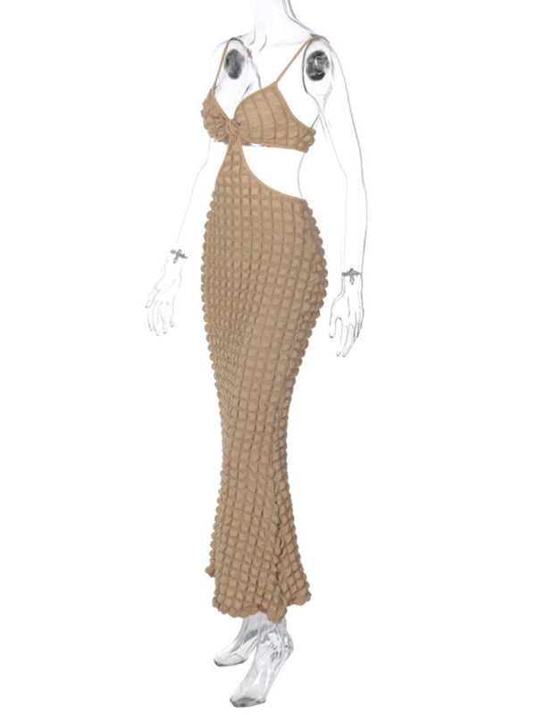 Vacation Textured Trumpet Cutout Spaghetti Straps Dress Vacation Dresses - Chuzko Women Clothing