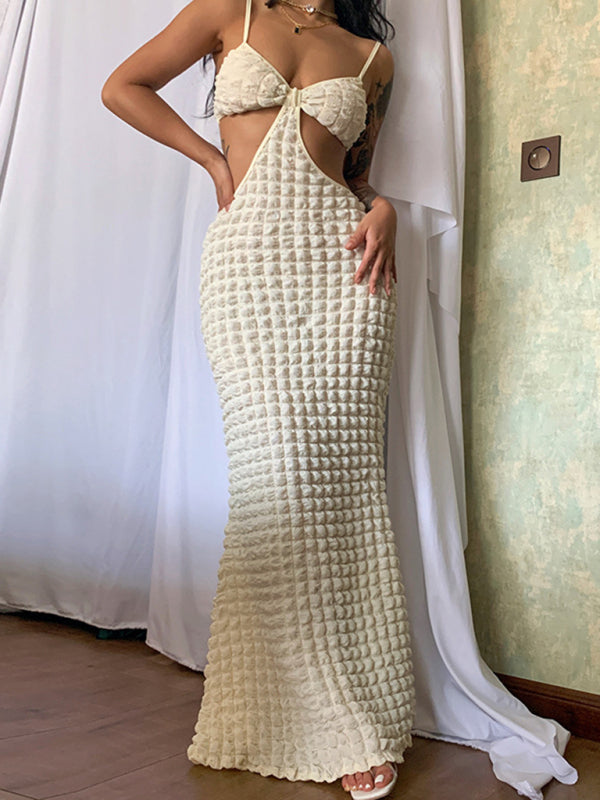 Vacation Textured Trumpet Cutout Spaghetti Straps Dress Vacation Dresses - Chuzko Women Clothing