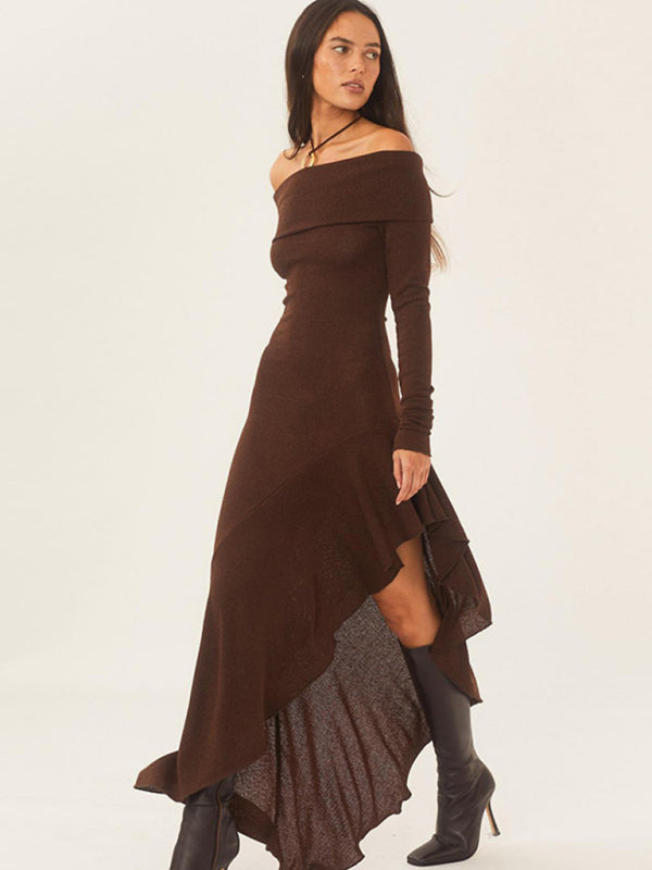 Autumn Off Shoulder High-Low Ruffle Side Long Dress Dresses - Chuzko Women Clothing