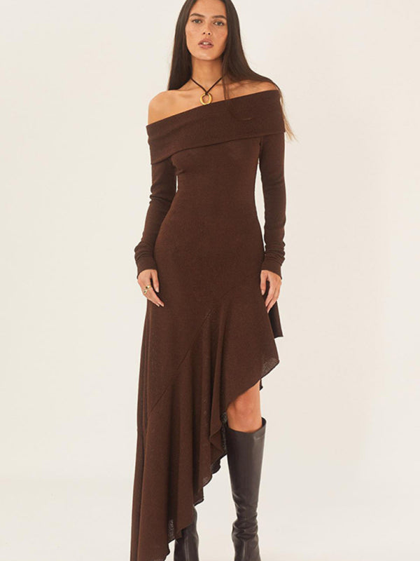 Autumn Off Shoulder High-Low Ruffle Side Long Dress Dresses - Chuzko Women Clothing