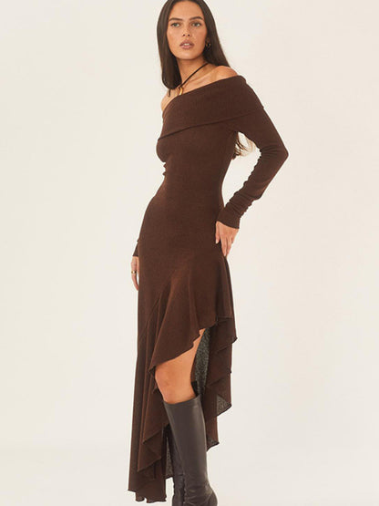 Autumn Off Shoulder High-Low Ruffle Side Long Dress Dresses - Chuzko Women Clothing