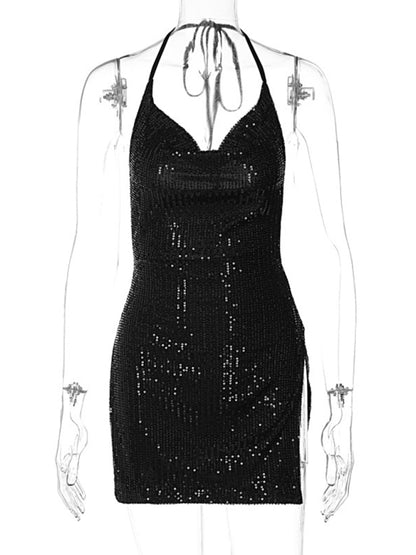 Sparkly Backless Cowl Halter Slit Mini Dress Sparkly Dresses - Chuzko Women Clothing