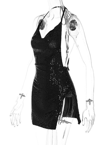 Sparkly Backless Cowl Halter Slit Mini Dress Sparkly Dresses - Chuzko Women Clothing