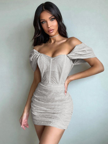 Sparkly Party Off-Shoulder Corset Ruched Bodycon Mini Dress Party Dresses - Chuzko Women Clothing